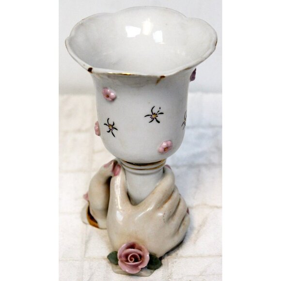 Vtg 50s Lefton China Bud Vase Womans Lady Hands Holding Cup Pink Rose 5" - Picture 2 of 11